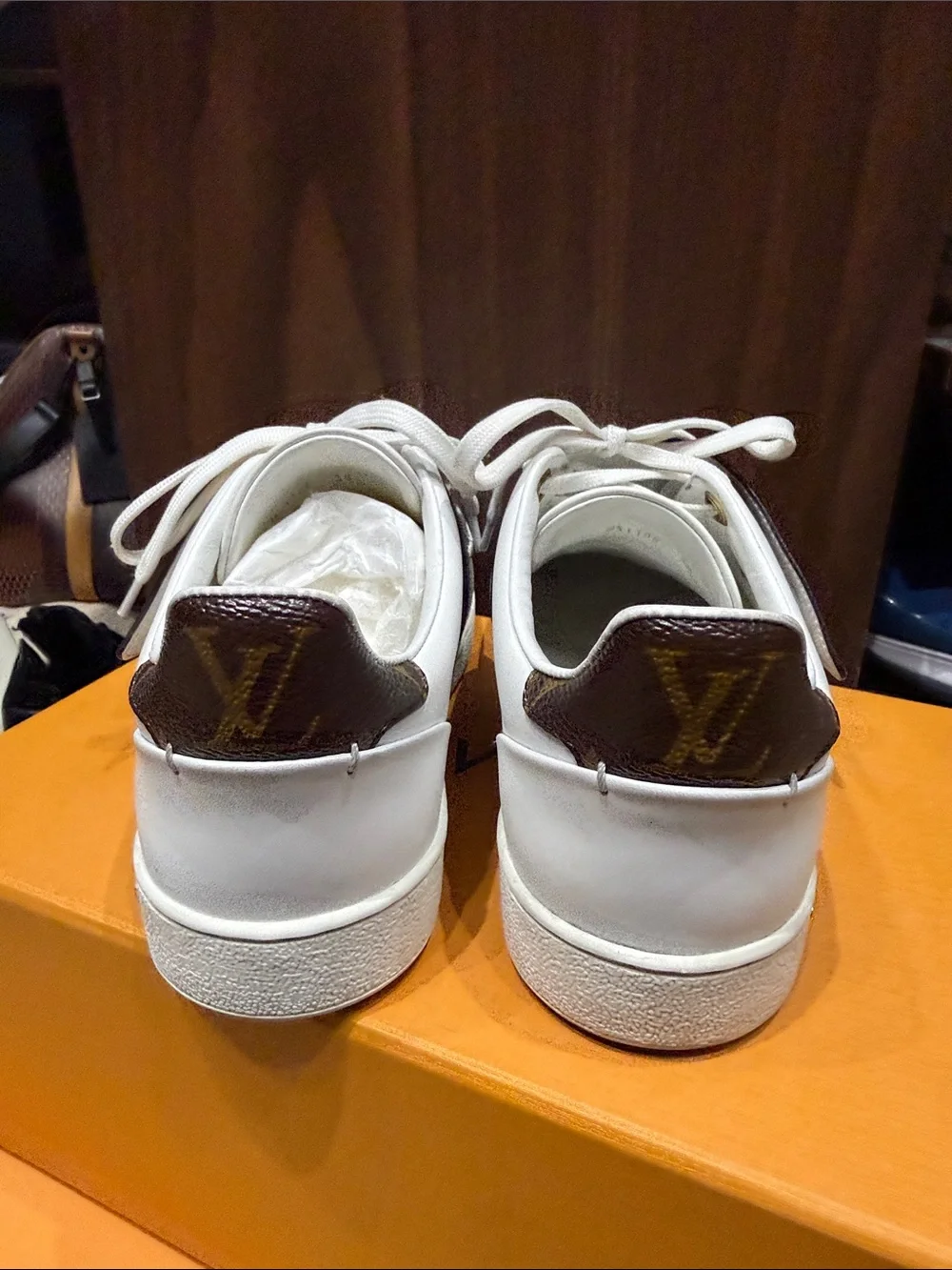 Louis Vuitton White Leather Sneakers with Brown Monogram Strap